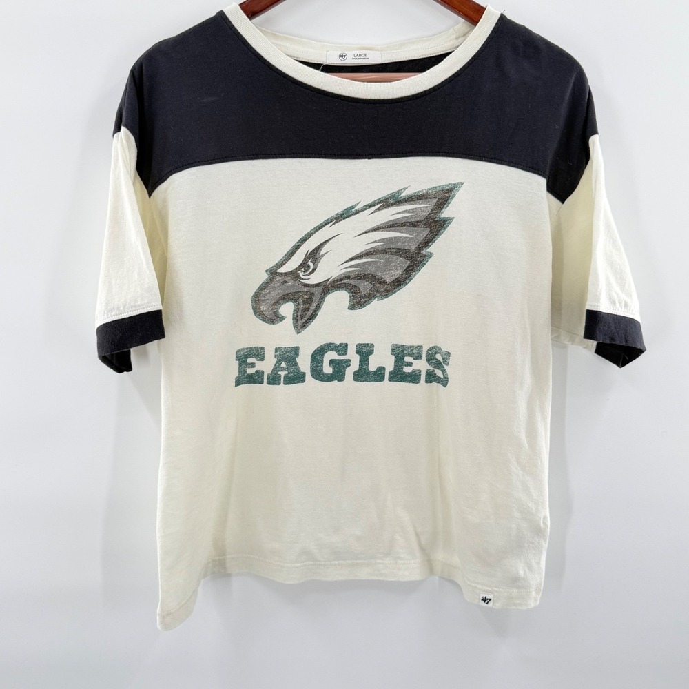 Philadelphia Eagles '47 Brand Retro Cropped Boxy Ringer Tee Shirt Cream Black L